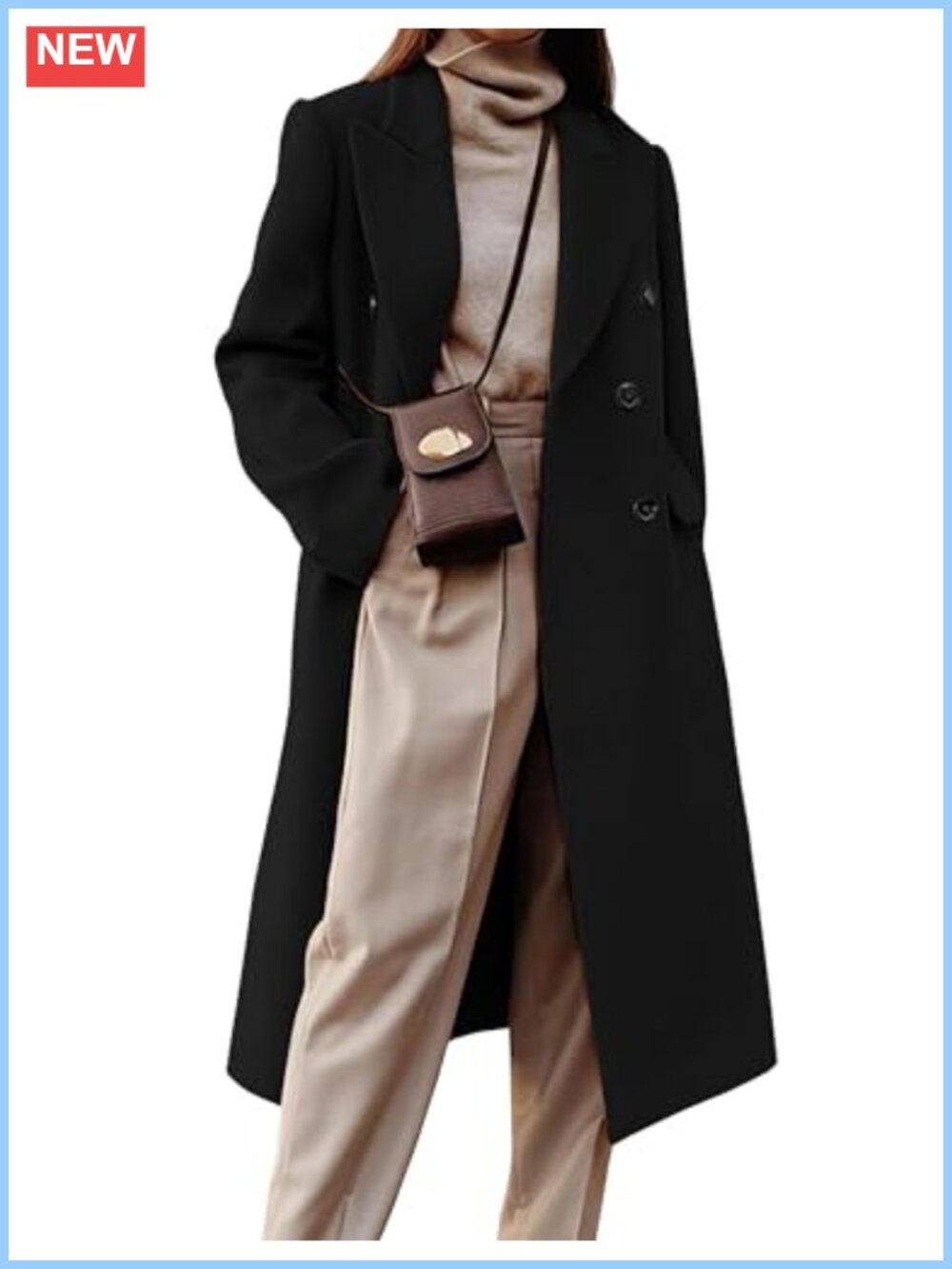 Women's Long Wool Blend Pea Coat Double Breasted Notch Lapel Winter